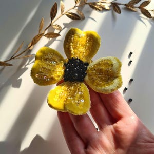 Brooch Sunny flower. Embroidered from velvet, beads, crystals. Handmade. Brooch yellow large flower. Gift to loved ones. Brooch Flower.