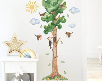 Gran pegatina de pared de gráfico de altura de árbol de acuarela, gráfico de crecimiento de animales para niños, regla de altura de vivero, mural de árbol de hojas de la selva, bosque natural de plantas