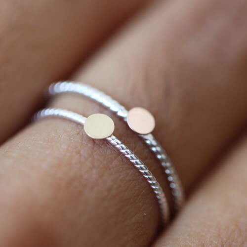 Tiny - 14k solid gold disc on silver band, stacking ring