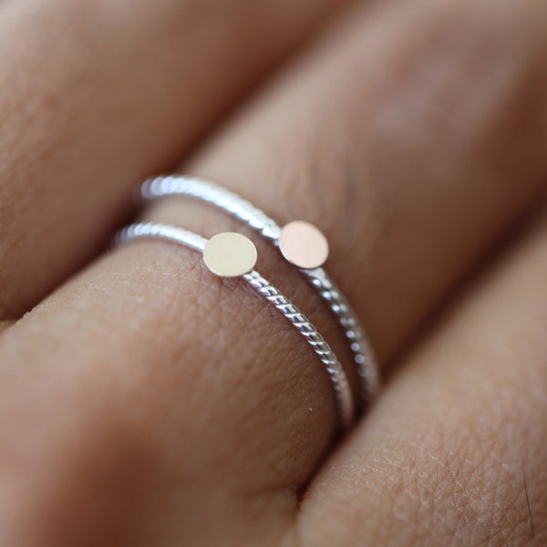 Tiny - 14k solid gold disc on silver band, stacking ring