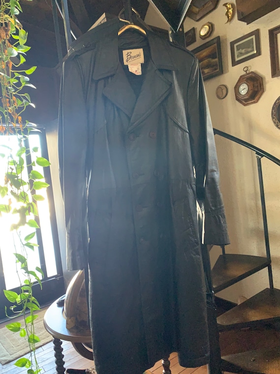 Vintage Men's 1970's Black Leather Long Trench Co… - image 2