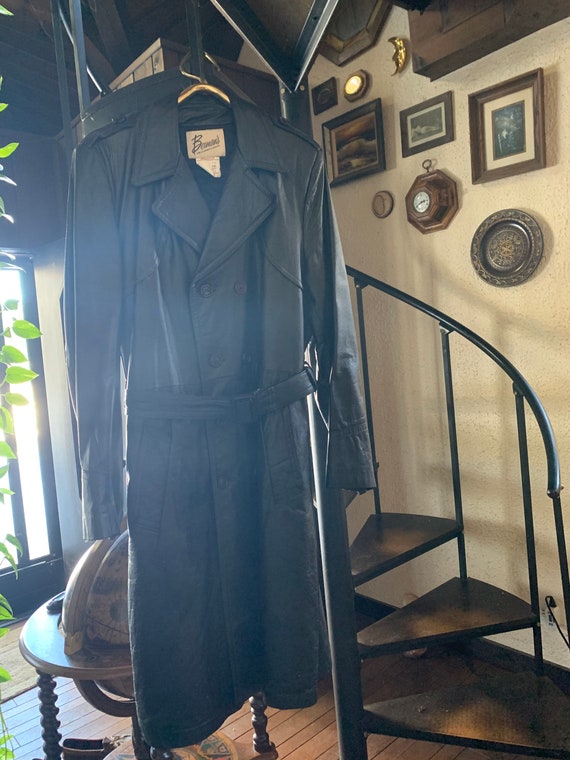 Vintage Men's 1970's Black Leather Long Trench Co… - image 1