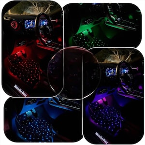 Puede incluir: Un collage de fotos del interior de un coche que muestra kits de iluminaci&oacute;n LED. El interior del coche est&aacute; iluminado en tonos rojos, verdes, azules y morados. El logotipo de Mercedes-Benz es visible en las alfombrillas, con el volante y el salpicadero tambi&eacute;n a la vista.