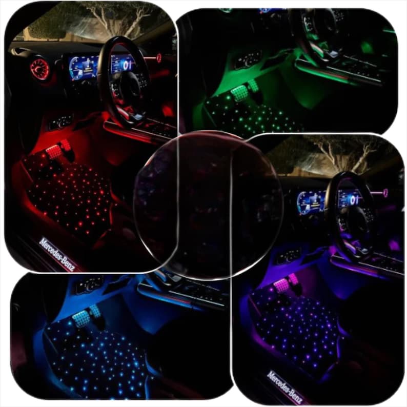 Puede incluir: Un collage de fotos del interior de un coche que muestra kits de iluminaci&oacute;n LED. El interior del coche est&aacute; iluminado en tonos rojos, verdes, azules y morados. El logotipo de Mercedes-Benz es visible en las alfombrillas, con el volante y el salpicadero tambi&eacute;n a la vista.