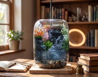 Miniature Zen Garden Terrarium | LED Grow Light, Japanese Karesansui Landscape, Desktop Ecosystem (Glass Jar)