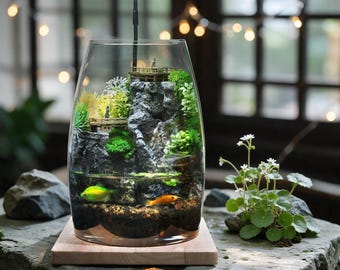 May include: A glass terrarium aquarium featuring a central rocky mountain structure with miniature wooden bridges and greenery. The base contains dark gravel, water, and two small fish. A black LED light fixture is mounted on top of the glass vessel.