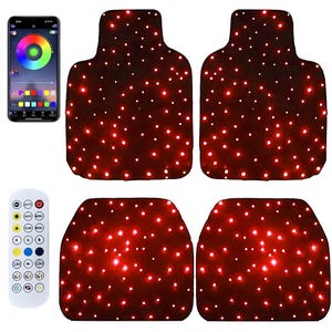 May include: Set of four car floor mats with a dark red background and numerous small, bright white lights. A smartphone displays a color wheel interface, and a remote control is also included. The mats are designed for automotive use.