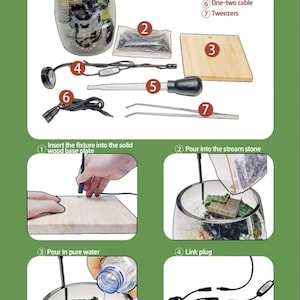 May include: A microlandscaping kit featuring a glass terrarium, stream stones, a solid wood base, a timed light switch, a water changer, a one-two cable, and tweezers. Includes instructional diagrams for assembly and maintenance precautions.