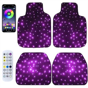 Puede incluir: Juego de cuatro alfombrillas para coche con dise&ntilde;o de cielo estrellado p&uacute;rpura. Incluye un mando a distancia y un smartphone que muestra una rueda de colores para la personalizaci&oacute;n. Las alfombrillas est&aacute;n dise&ntilde;adas para la parte delantera y trasera de un veh&iacute;culo.