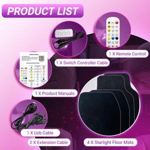 Puede incluir: Imagen de una lista de productos con el texto "PRODUCT LIST". La imagen muestra un mando a distancia, un cable de controlador de interruptor, manuales de productos, un cable USB, un cable de extensi&oacute;n y alfombrillas Starlight. Tambi&eacute;n hay un diagrama de instrucciones.