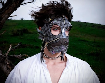 Fantasiewolvenmasker, zwart en grijs, leer en stof, kostuumaccessoire, cosplay