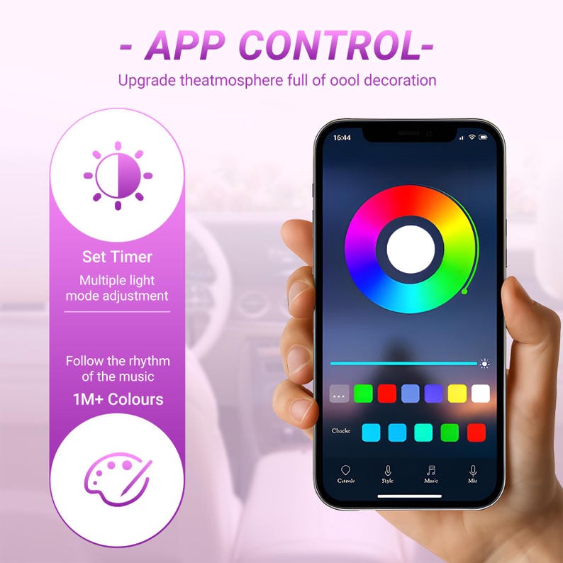 Puede incluir: Un tel&eacute;fono inteligente muestra una interfaz de aplicaci&oacute;n con una rueda de colores y una paleta de colores. La aplicaci&oacute;n controla las funciones de iluminaci&oacute;n, incluyendo un temporizador, m&uacute;ltiples modos de luz y sincronizaci&oacute;n musical. El texto en la pantalla dice "APP CONTROL" y "1M+ Colours."