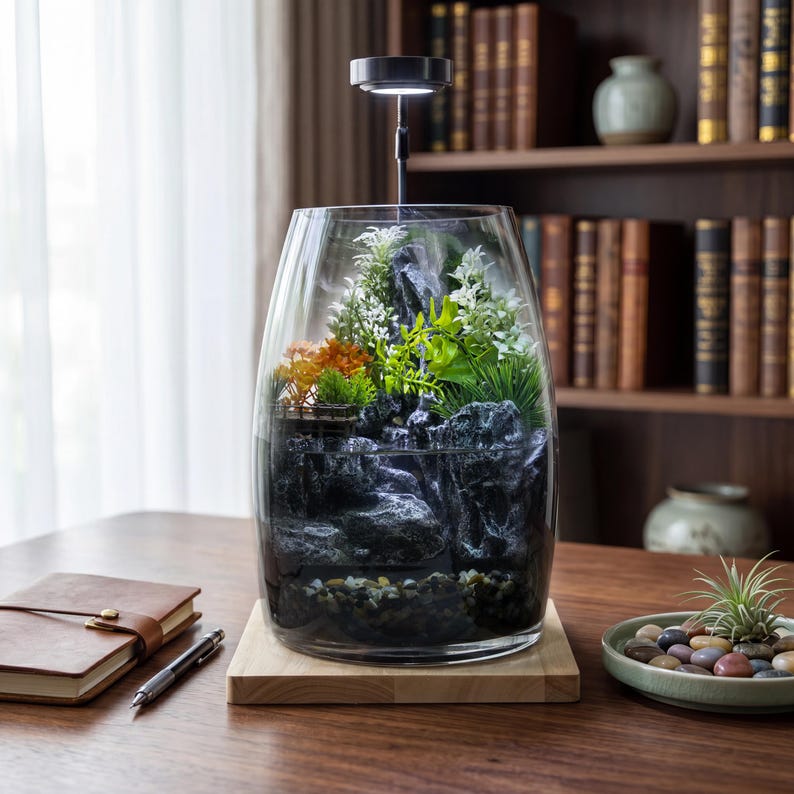 May include: A glass terrarium featuring a dark rock formation, green and orange artificial plants, and a small wooden structure. The vessel sits on a light wood base with an integrated LED light fixture extending from the top, illuminating the interior.