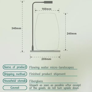 May include: A technical diagram for a flowing water micro-landscape product. It displays a line drawing of a lamp-like structure with dimensions: 340mm height, 240mm height, 160mm width, and 200mm base width. Text includes Product Parameters, Fiberglass, and usage notes.
