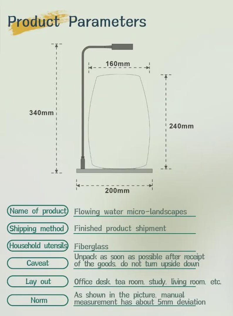 May include: A technical diagram for a flowing water micro-landscape product. It displays a line drawing of a lamp-like structure with dimensions: 340mm height, 240mm height, 160mm width, and 200mm base width. Text includes Product Parameters, Fiberglass, and usage notes.