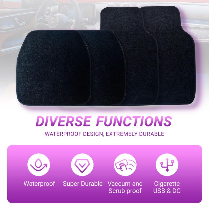 Puede incluir: Cuatro alfombrillas negras para coche. Las alfombrillas se muestran en un estudio. La imagen incluye el texto "DIVERSE FUNCTIONS" y "WATERPROOF DESIGN, EXTREMELY DURABLE". El texto adicional incluye "Waterproof", "Super Durable", "Vacuum and Scrub proof" y "Cigarette USB & DC".
