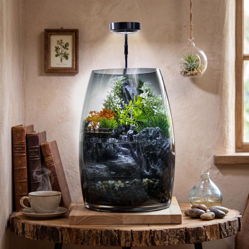 May include: A glass terrarium with a dark gradient finish containing a miniature landscape with grey rocks, green foliage, and orange plants. A black LED light fixture is mounted above the vessel, illuminating the interior water feature.