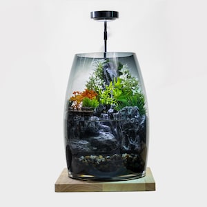 May include: A glass terrarium with a gray gradient finish containing a miniature landscape of dark gray rocks, green and orange artificial plants, and a small wooden bridge. A black light fixture is mounted above, and the base is a light wood block.