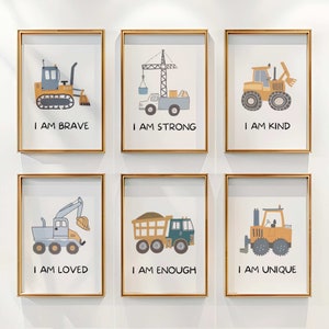 Construction Vehicles Set of 6 | INSTANT DOWNLOAD | Building Machinery | Boys Room Decor | PRINTABLE Wall Art | Bedroom Decor Truck Crane