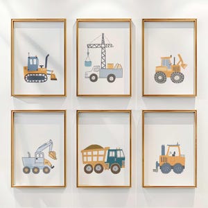 Construction Vehicles Set of 6 | INSTANT DOWNLOAD | Building Machinery | Boys Room Decor | PRINTABLE Wall Art | Bedroom Decor Truck Crane