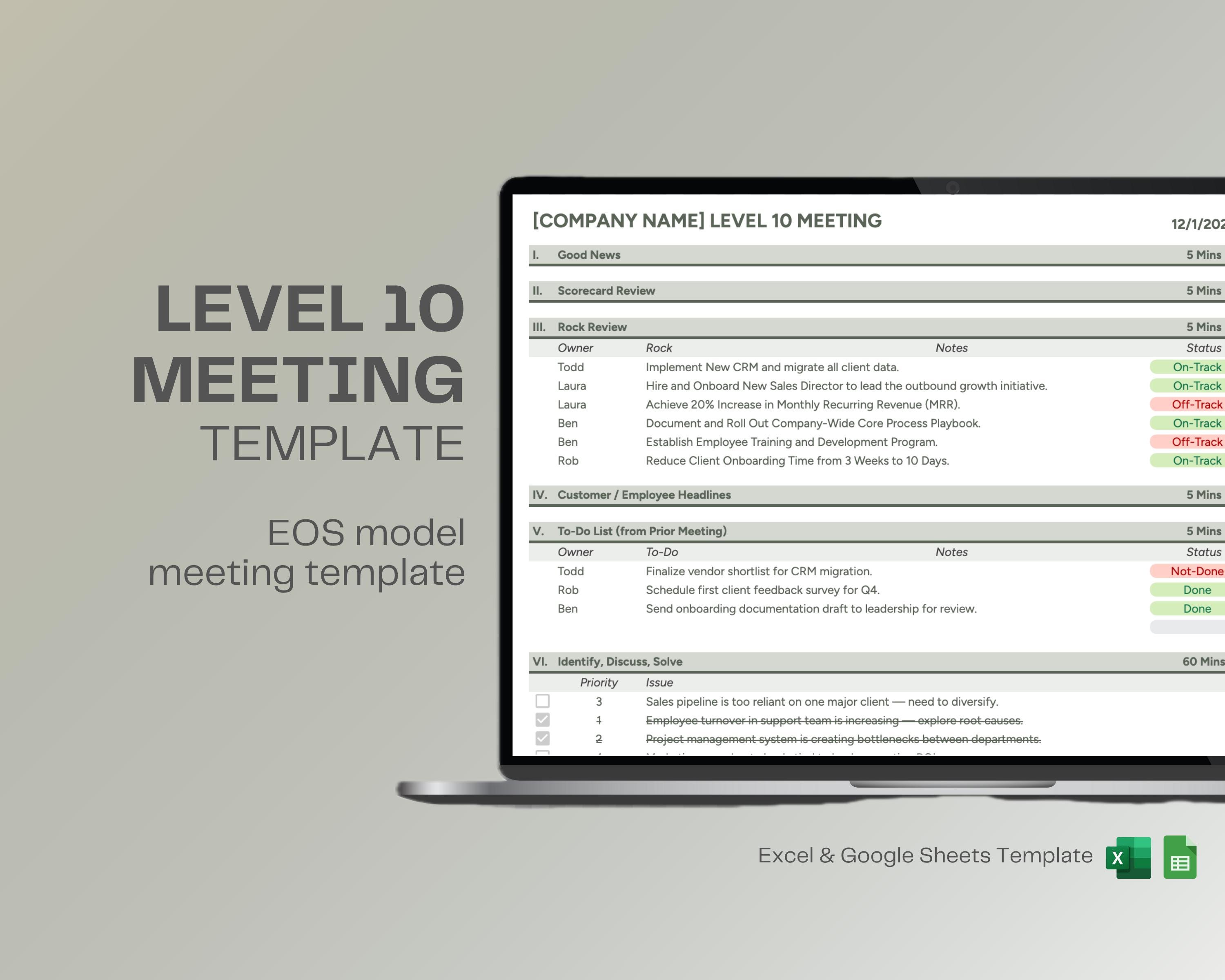 L10 Rocks EOS Level 10 Meeting Template – Scorecard and Agenda (excel & Google ...