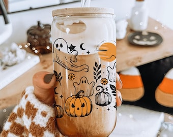 Halloween Ghost Glass Tumbler, Cottagecore Coffee Glass, Pumpkin Season, Pumpkin Cup, Spooky Vibes Cup, Halloween Coffee Cup, Fall Tumbler