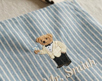Personalized Hand Embroidered Apron with Tuxedo Bear, Custom gift for Cooking, Baking, or Craft Lovers, Martini Bear, Optional Customization