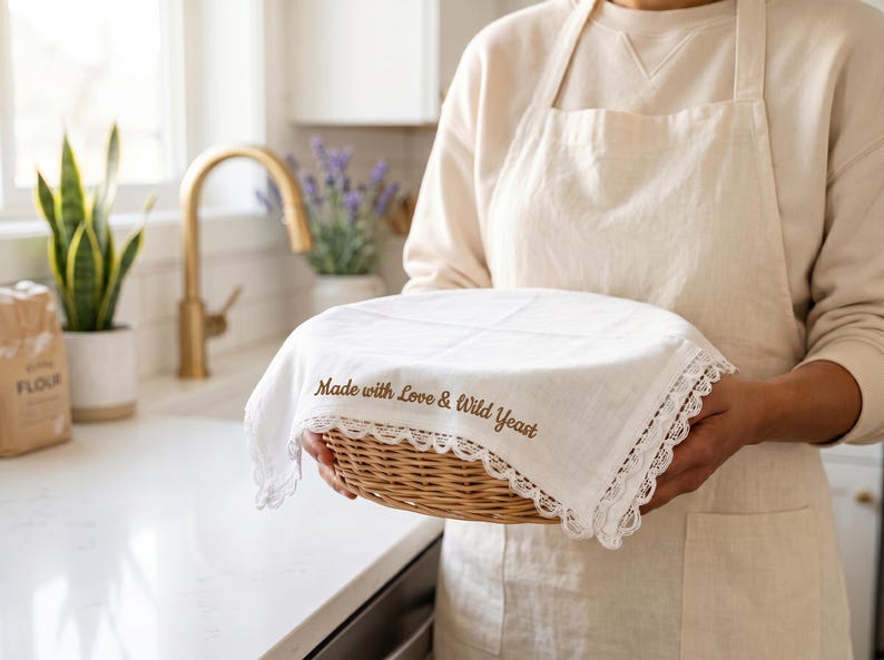 Puede incluir: Una cesta redonda de mimbre cubierta con un pa&ntilde;o blanco con un delicado ribete de encaje. El pa&ntilde;o tiene bordado el texto "Made with Love & Wild Yeast". La cesta se muestra en un entorno de cocina.