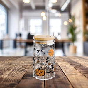 Halloween Ghost Glass Tumbler, Cottagecore Coffee Glass, Pumpkin Season, Pumpkin Cup, Spooky Vibes Cup, Halloween Coffee Cup, Fall Tumbler image 5