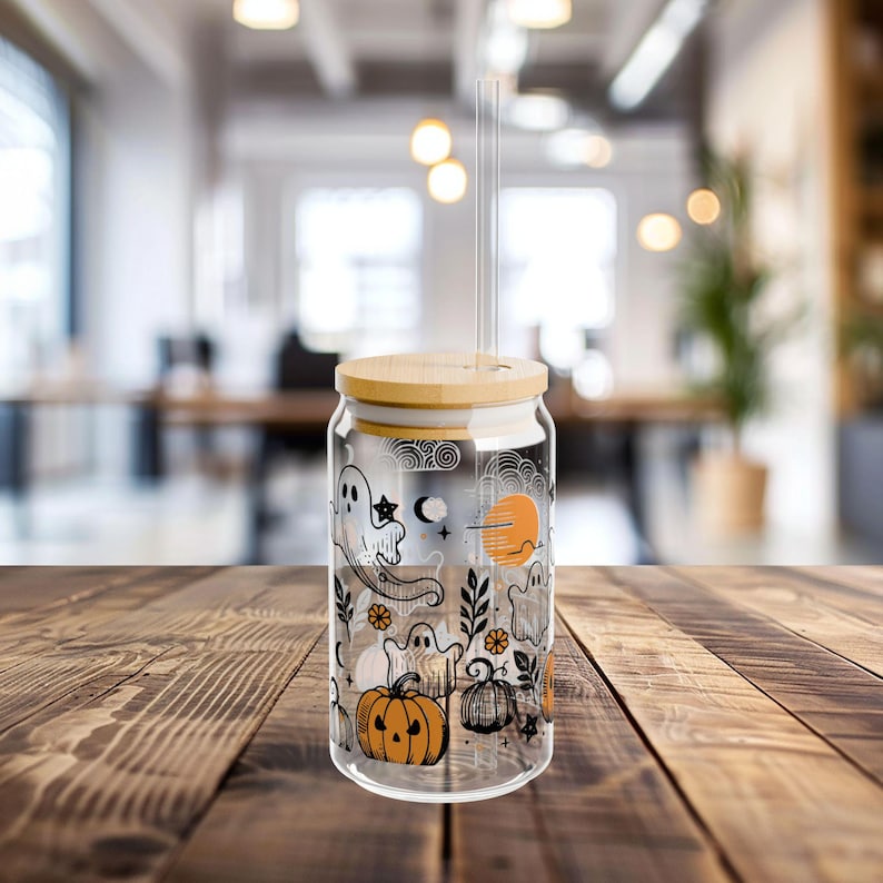 Halloween Ghost Glass Tumbler, Cottagecore Coffee Glass, Pumpkin Season, Pumpkin Cup, Spooky Vibes Cup, Halloween Coffee Cup, Fall Tumbler image 5