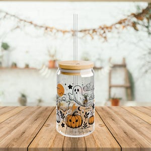 Halloween Ghost Glass Tumbler, Cottagecore Coffee Glass, Pumpkin Season, Pumpkin Cup, Spooky Vibes Cup, Halloween Coffee Cup, Fall Tumbler image 3