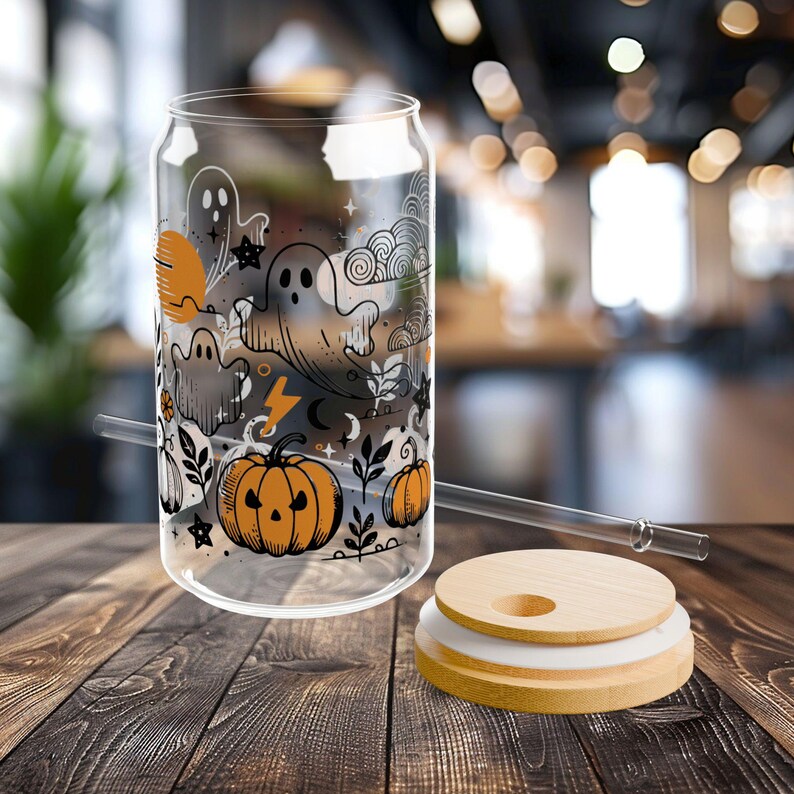 Halloween Ghost Glass Tumbler, Cottagecore Coffee Glass, Pumpkin Season, Pumpkin Cup, Spooky Vibes Cup, Halloween Coffee Cup, Fall Tumbler image 4