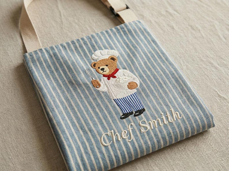 May include: Blue and white striped apron with an embroidered chef bear holding a whisk and bowl. The bear wears a chef's hat, white coat, and blue striped pants. The name "Chef Smith" is embroidered below the bear.