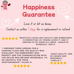 May include: Pink background with the text "Happiness Guarantee" and customer reviews. The text encourages customers to contact the seller within 7 days for a replacement or refund. Includes a logo for Harmony Glow Studio.