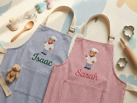Personalized Kids Bear Apron, Chef Bear Cooking Apron for toddlers and youth, Custom Embroidered Kitchen Apron, Cute Chef Bear Birthday Gift