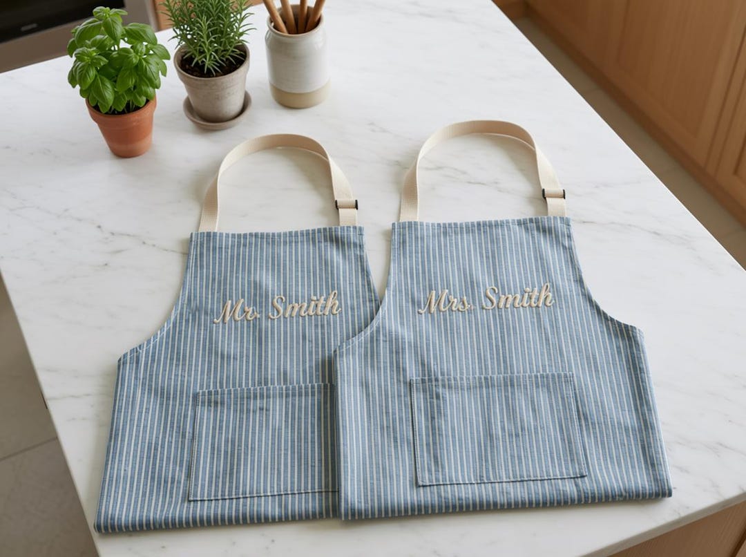 Personalized Couples Pinstripe Apron Set, Custom Embroidered Name Apron, Matching Handmade Kitchen Apron, His and Hers Couples Kitchen Gift