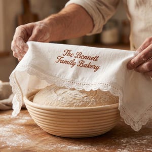 Puede incluir: Un pan redondo en una cesta tejida, cubierto con un pa&ntilde;o blanco bordado con "The Bennett Family Bakery" en marr&oacute;n. El pa&ntilde;o tiene un delicado ribete de encaje. La cesta est&aacute; sobre una superficie de madera.