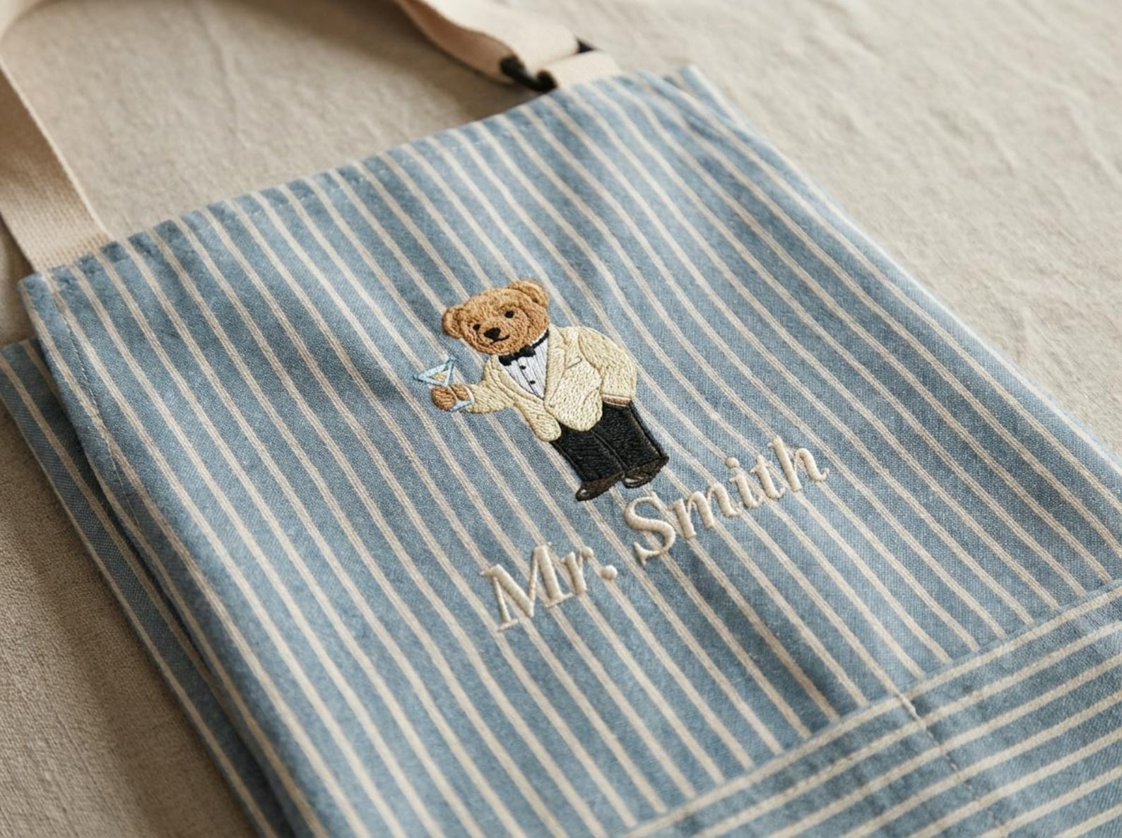 Personalized Hand Embroidered Apron with Tuxedo Bear, Custom gift for Cooking, Baking, or Craft Lovers, Martini Bear, Optional Customization - Black Bear + Name