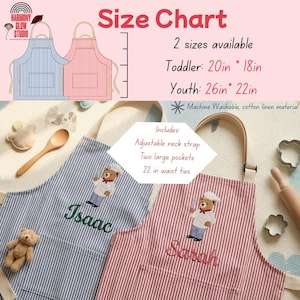 May include: Blue and pink striped aprons with adjustable neck straps and two large pockets. The aprons have a bear chef embroidery and the names "Isaac" and "Sarah". Size chart shows toddler size 20in x 18in and youth size 26in x 22in. Machine washable, cotton linen material.
