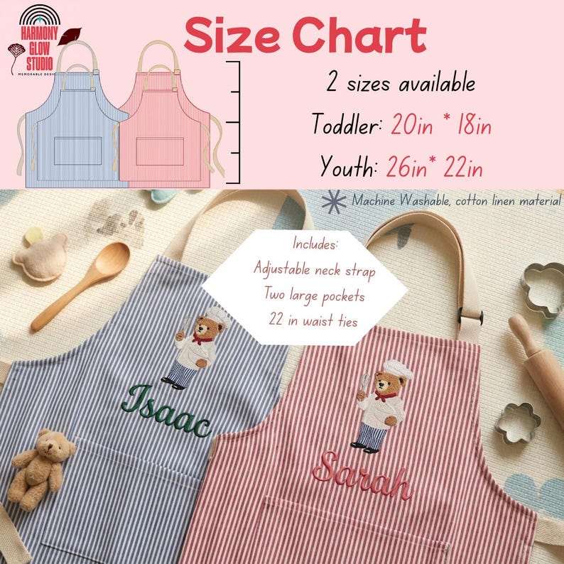 May include: Blue and pink striped aprons with adjustable neck straps and two large pockets. The aprons have a bear chef embroidery and the names "Isaac" and "Sarah". Size chart shows toddler size 20in x 18in and youth size 26in x 22in. Machine washable, cotton linen material.