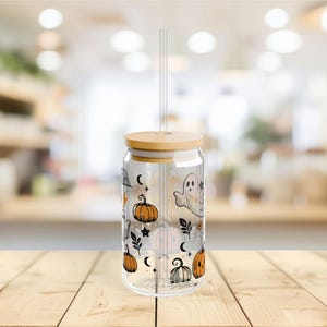 Halloween Ghost Glass Tumbler, Cottagecore Coffee Glass, Pumpkin Season, Pumpkin Cup, Spooky Vibes Cup, Halloween Coffee Cup, Fall Tumbler image 6