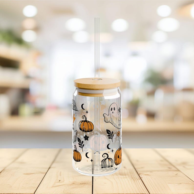 Halloween Ghost Glass Tumbler, Cottagecore Coffee Glass, Pumpkin Season, Pumpkin Cup, Spooky Vibes Cup, Halloween Coffee Cup, Fall Tumbler image 6