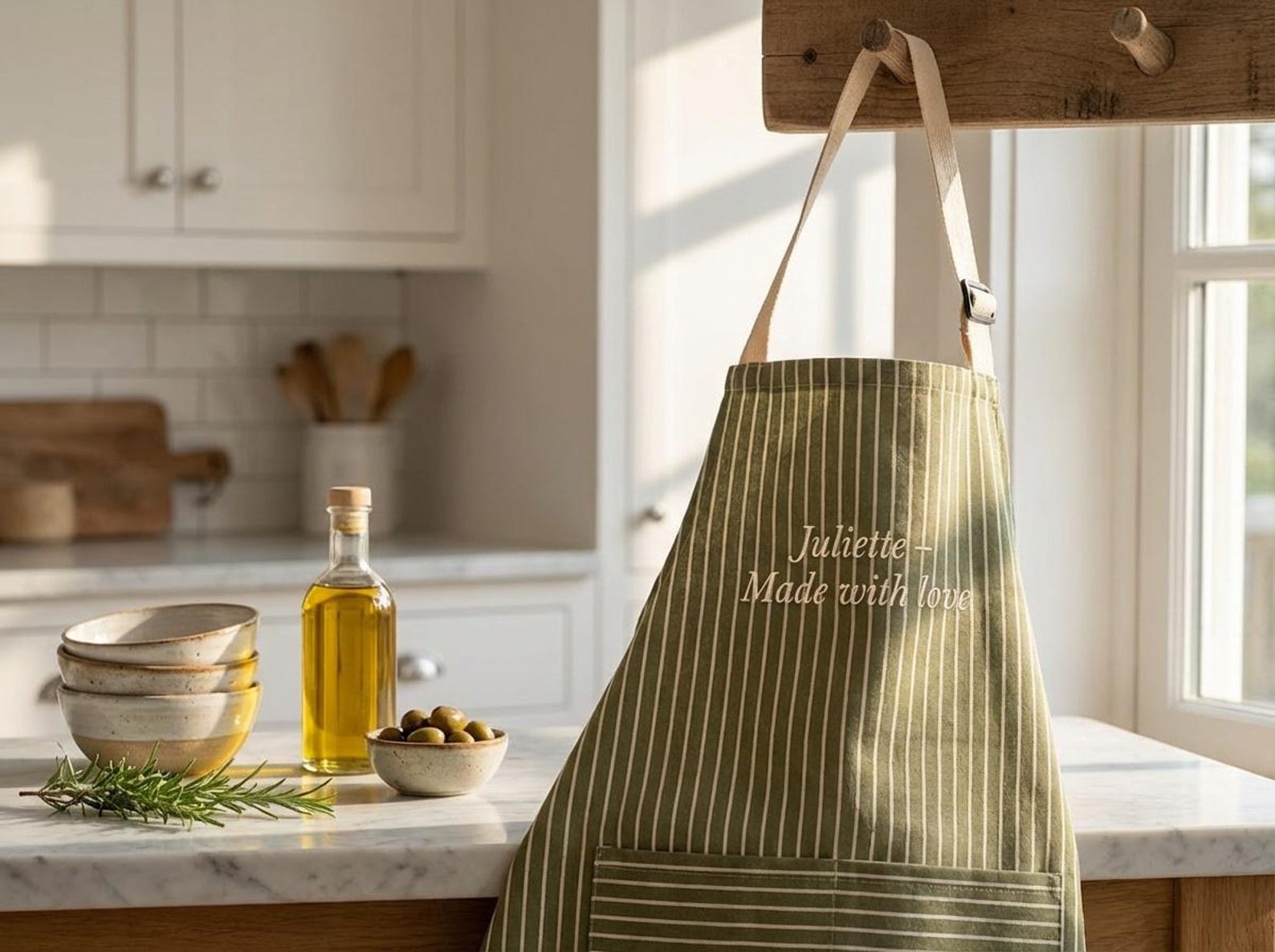Personalized Pinstripe Apron, Custom Embroidered Name Apron, Handmade Kitchen Apron for Cooking & Baking, Minimal Kitchen Gift for Bride