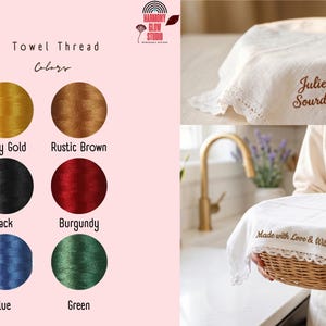 Puede incluir: La imagen muestra hilos de bordar en colores Oro Miel, Marr&oacute;n R&uacute;stico, Negro, Borgo&ntilde;a, Azul y Verde. Tambi&eacute;n presenta dos cubiertas de pan bordadas en blanco, una con "Juliette's Sourdough" y otra con "Made with Love & Wild Yeast".