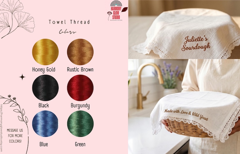 Puede incluir: La imagen muestra hilos de bordar en colores Oro Miel, Marr&oacute;n R&uacute;stico, Negro, Borgo&ntilde;a, Azul y Verde. Tambi&eacute;n presenta dos cubiertas de pan bordadas en blanco, una con "Juliette's Sourdough" y otra con "Made with Love & Wild Yeast".
