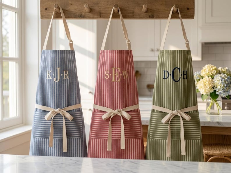 Written Aprons Custom Monogrammed Pinstripe Apron, Personalized 3 Letter Embroidered ...