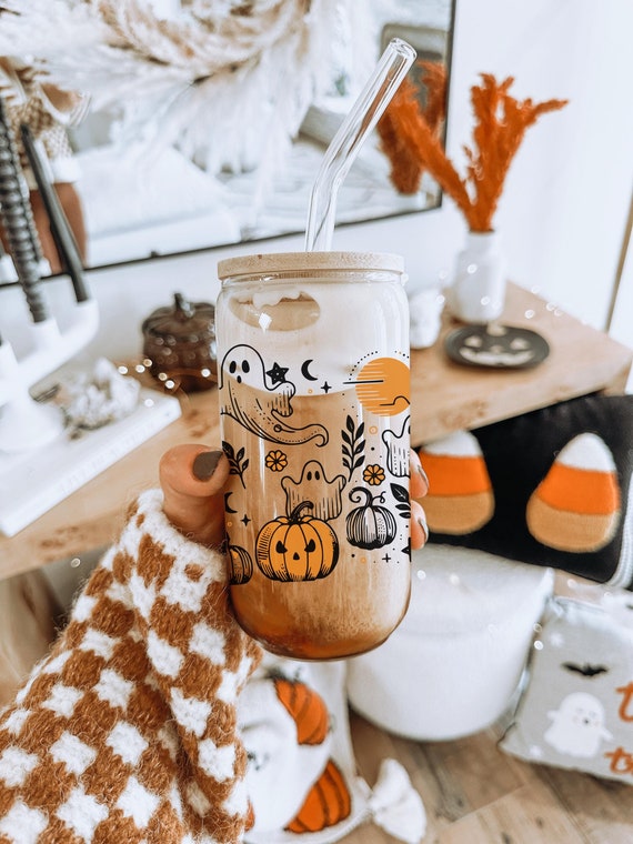 Halloween Ghost Glass Tumbler, Cottagecore Coffee Glass, Pumpkin Season, Pumpkin Cup, Spooky Vibes Cup, Halloween Coffee Cup, Fall Tumbler