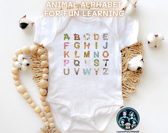 Baby Educational Interactive Onesie, Child Learning Alphabet Cute Animal Font Bodysuit (Sizes 0M-24M), Creative Baby/Child/Newborn Gift