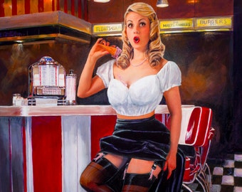 STRAWBERRIES N' CREAM pinup by Daniel VANCAS Soda Diner IceCream Pin-Up Classic 12x18 Upskirt stockings nylons, garters Seeburg Jukebox