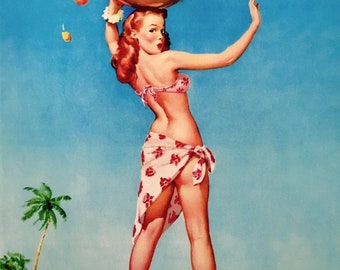 3 Larger HULA TIKI Bar Prints ELVGREN - Tops Em All, Island Memories and Drawing Straws MidCentury Pin-Up Hawaiian Island Girl pinups Vancas